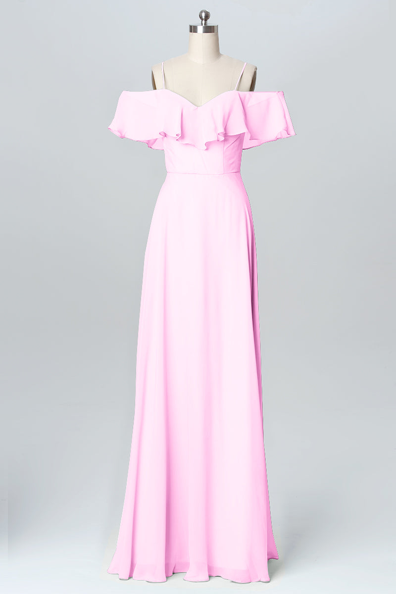 Chiffon Column Spaghetti Straps Sleeveless Bridesmaid Dress-B03102