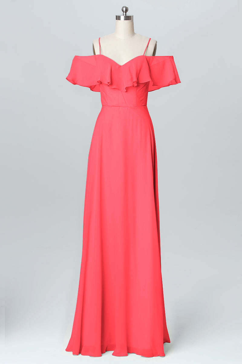 Chiffon Column Spaghetti Straps Sleeveless Bridesmaid Dress-B03102