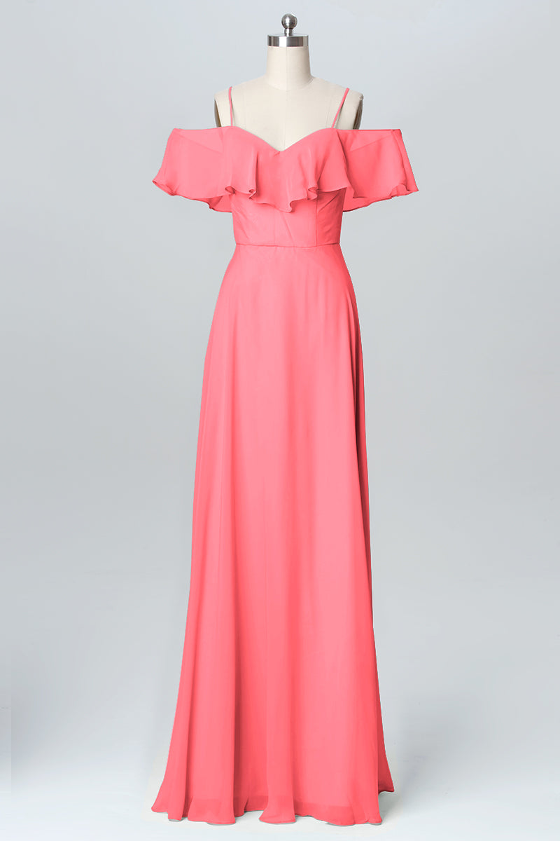 Chiffon Column Spaghetti Straps Sleeveless Bridesmaid Dress-B03102