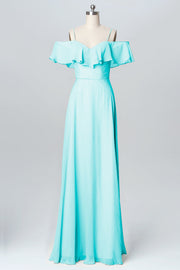 Chiffon Column Spaghetti Straps Sleeveless Bridesmaid Dress-B03102
