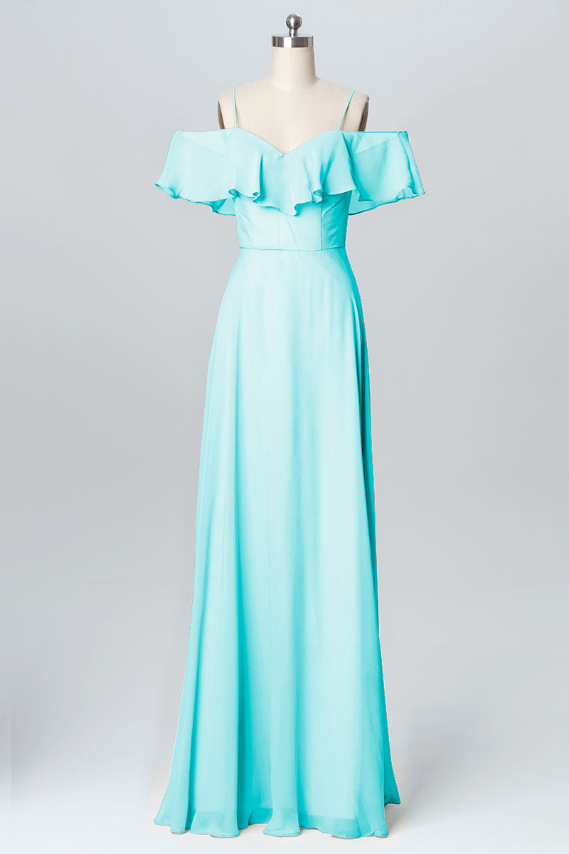 Chiffon Column Spaghetti Straps Sleeveless Bridesmaid Dress-B03102