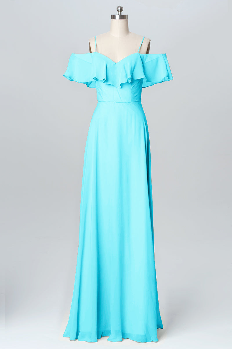 Chiffon Column Spaghetti Straps Sleeveless Bridesmaid Dress-B03102