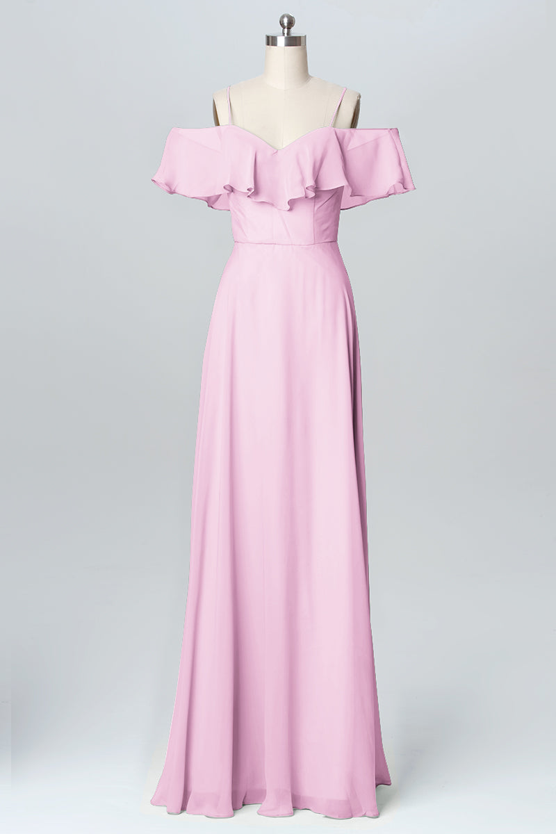 Chiffon Column Spaghetti Straps Sleeveless Bridesmaid Dress-B03102