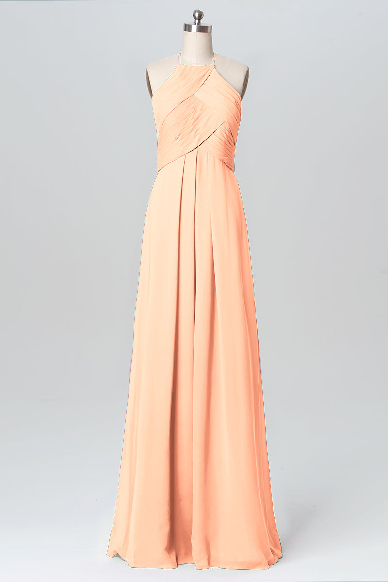 Chiffon Column Halter Sleeveless Bridesmaid Dress-B03109