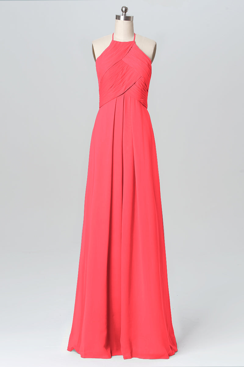 Chiffon Column Halter Sleeveless Bridesmaid Dress-B03109