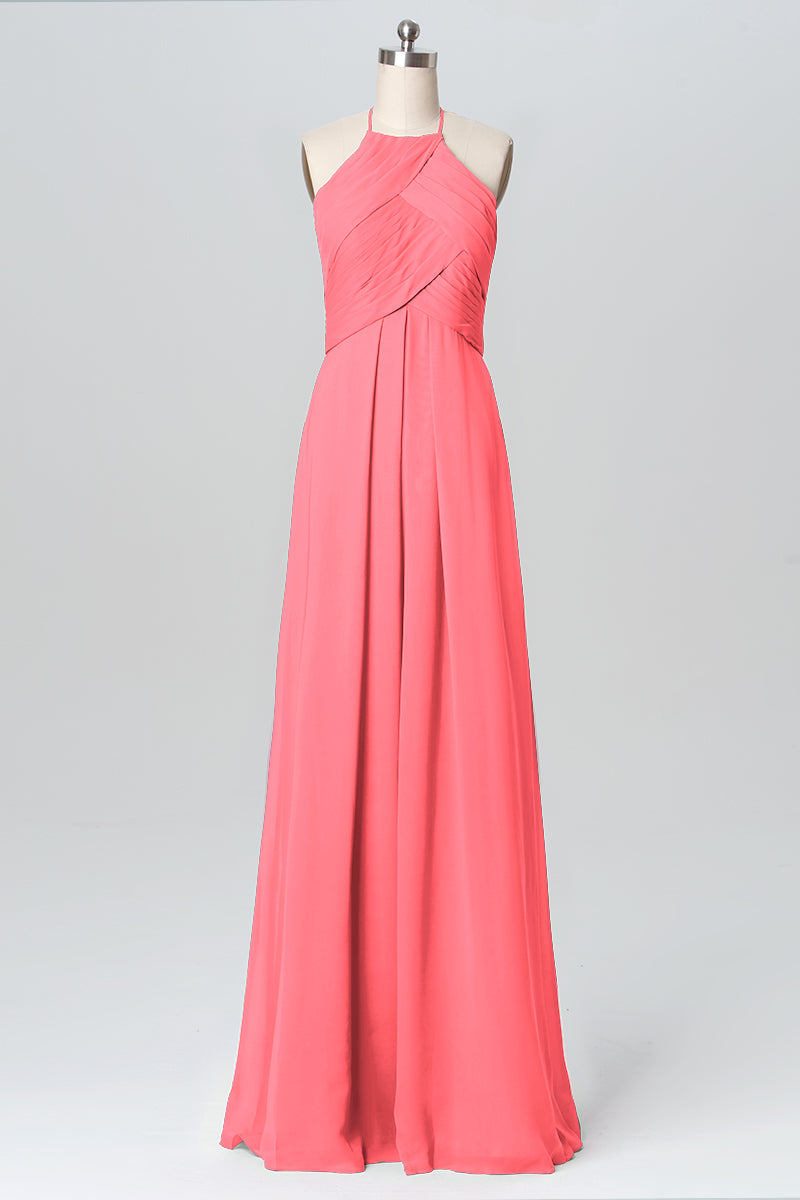Chiffon Column Halter Sleeveless Bridesmaid Dress-B03109