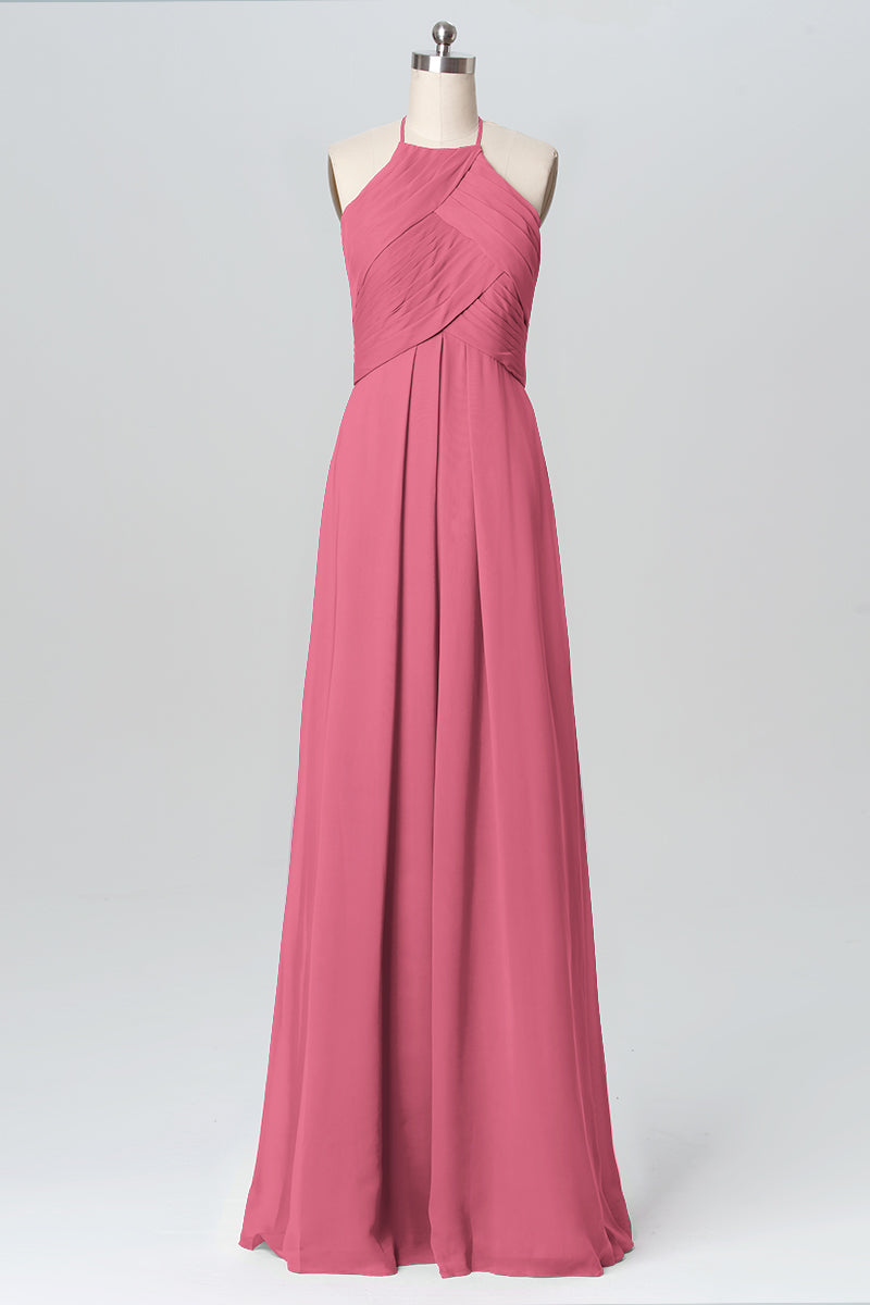Chiffon Column Halter Sleeveless Bridesmaid Dress-B03109
