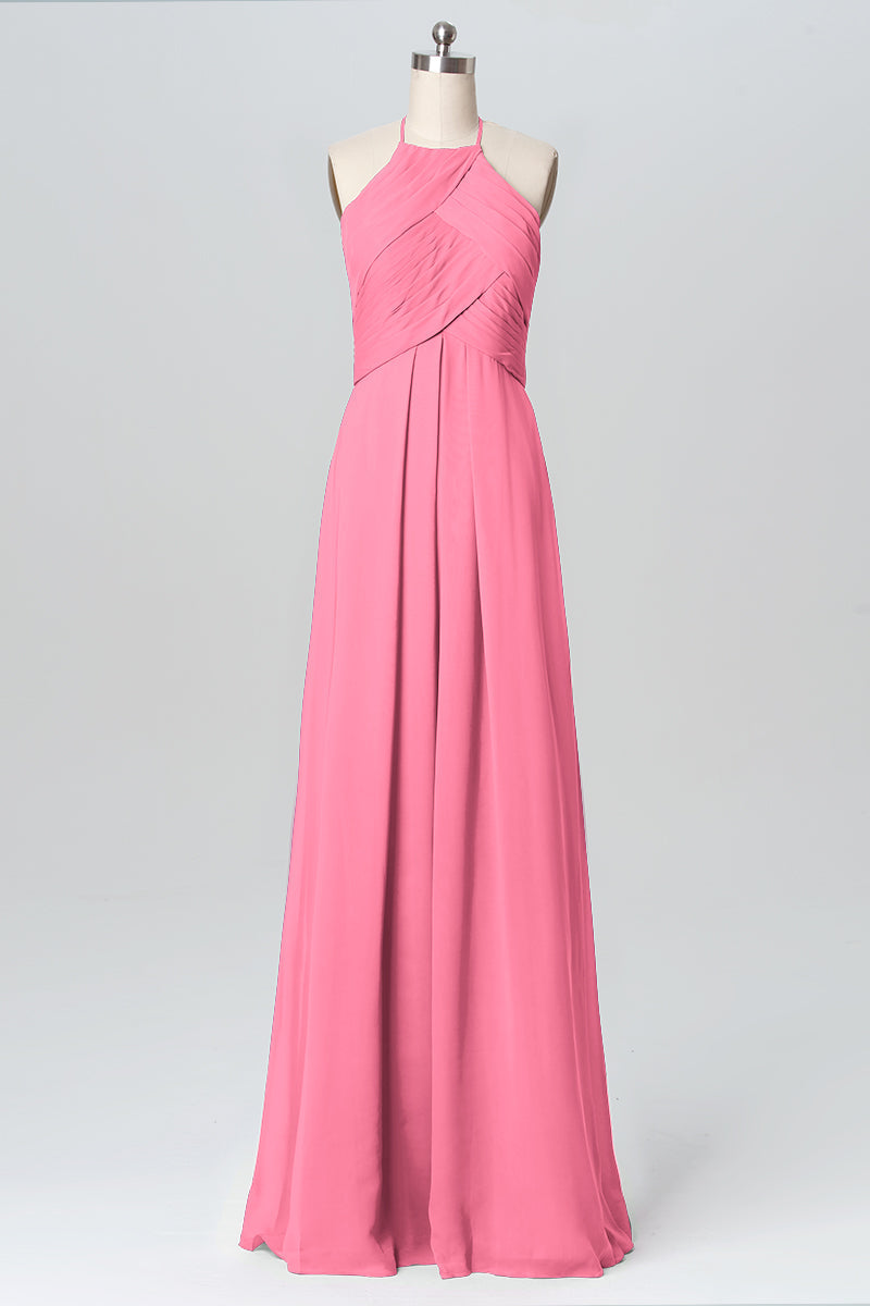 Chiffon Column Halter Sleeveless Bridesmaid Dress-B03109
