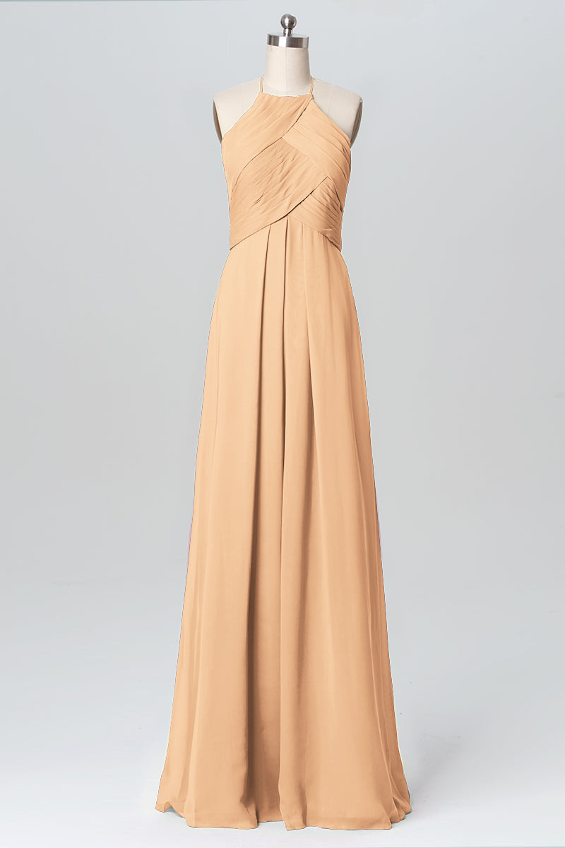 Chiffon Column Halter Sleeveless Bridesmaid Dress-B03109