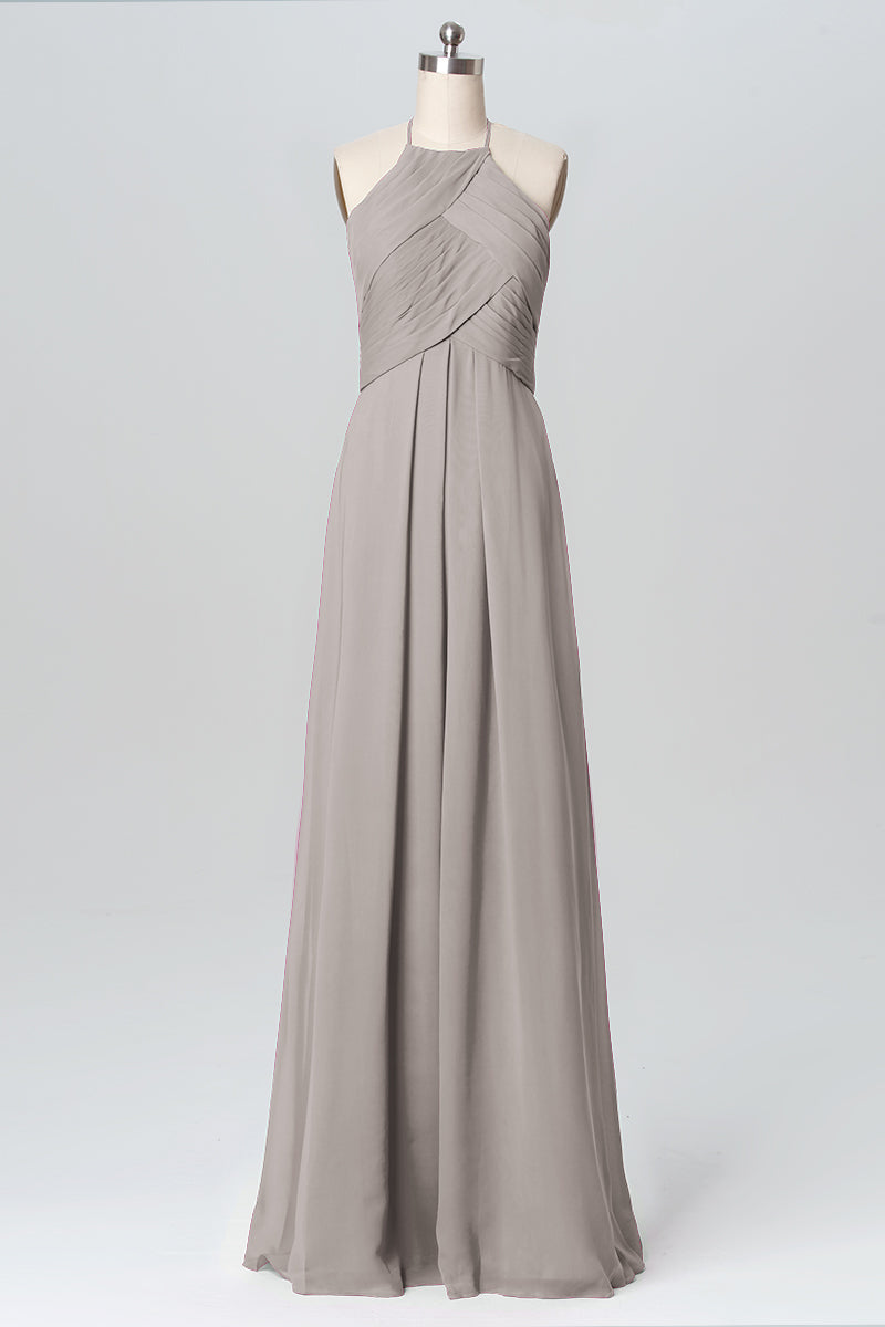 Chiffon Column Halter Sleeveless Bridesmaid Dress-B03109