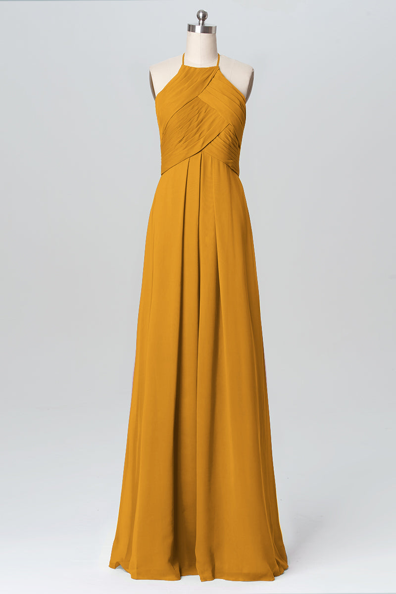 Chiffon Column Halter Sleeveless Bridesmaid Dress-B03109