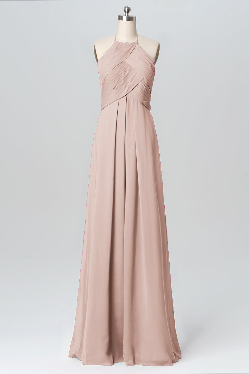 Chiffon Column Halter Sleeveless Bridesmaid Dress-B03109