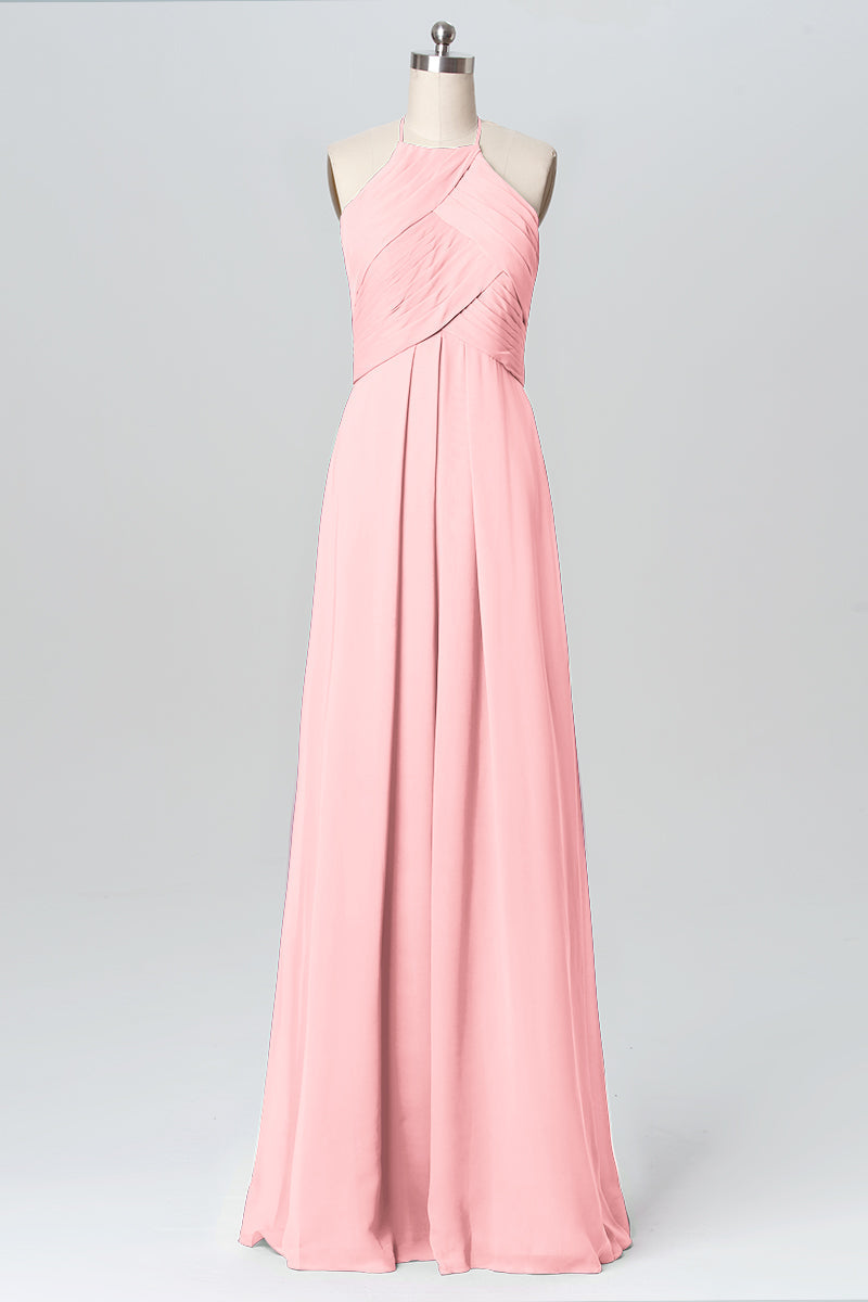 Chiffon Column Halter Sleeveless Bridesmaid Dress-B03109