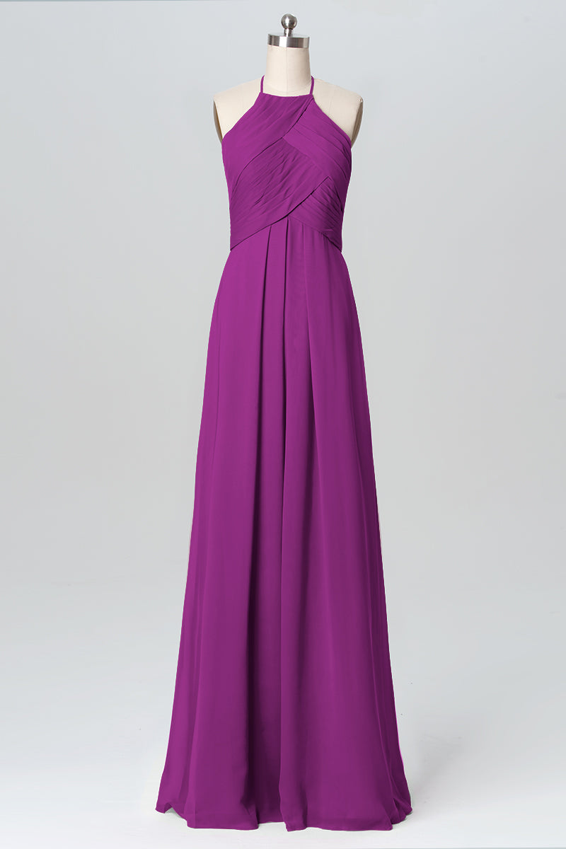 Chiffon Column Halter Sleeveless Bridesmaid Dress-B03109