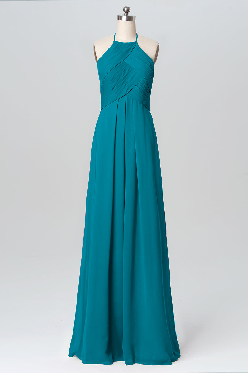 Chiffon Column Halter Sleeveless Bridesmaid Dress-B03109