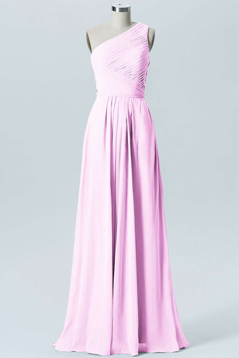 Chiffon Column One Shoulder Sleeveless Bridesmaid Dress-B04016