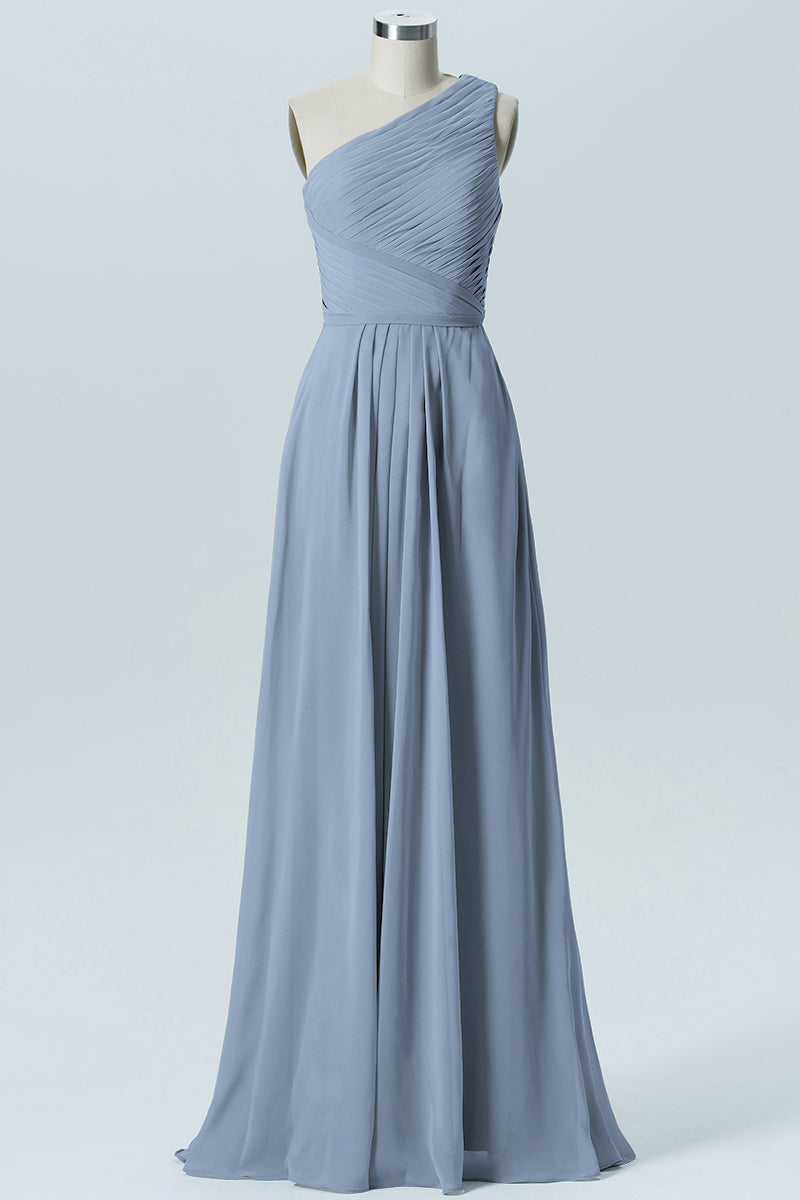 Chiffon Column One Shoulder Sleeveless Bridesmaid Dress-B04016