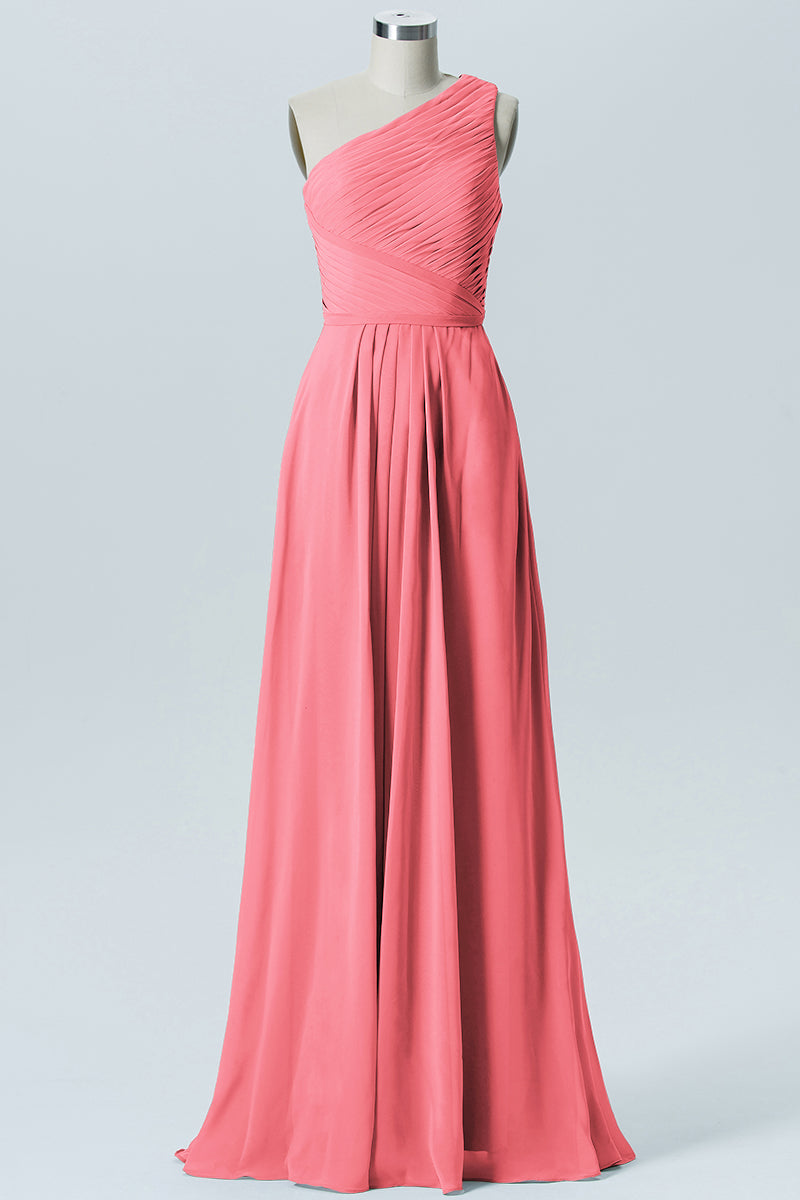 Chiffon Column One Shoulder Sleeveless Bridesmaid Dress-B04016