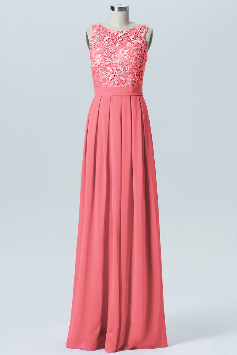 Lace Column Boat Neck Sleeveless Bridesmaid Dress-B06054