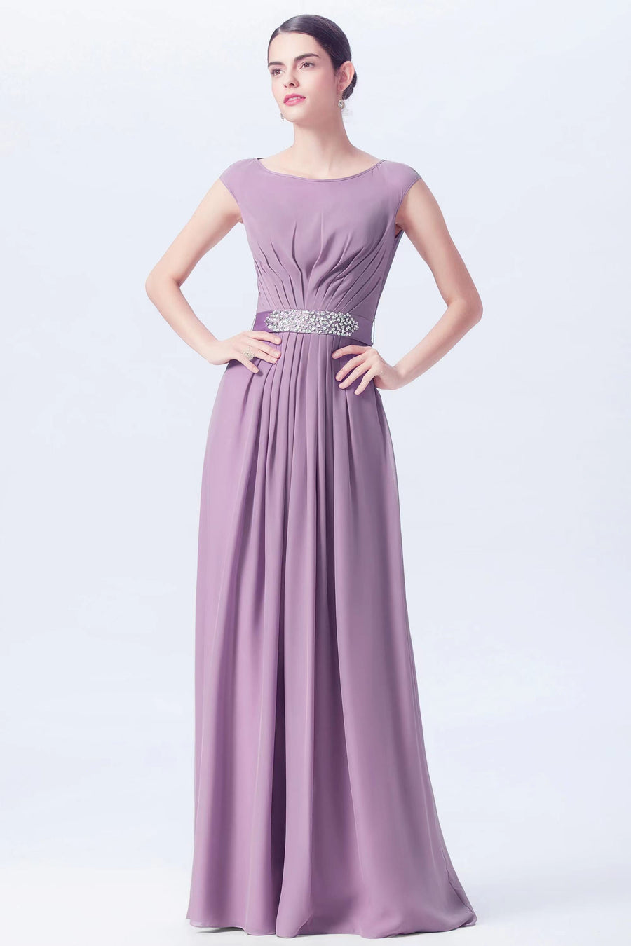 Chiffon Column Spaghetti Straps Sleeveless Bridesmaid Dress-B07605