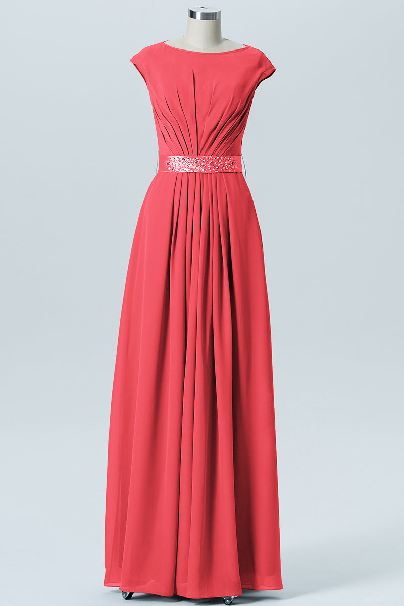 Chiffon Column Spaghetti Straps Sleeveless Bridesmaid Dress-B07605