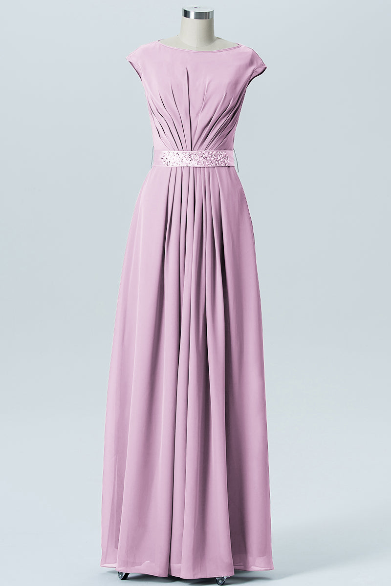 Chiffon Column Spaghetti Straps Sleeveless Bridesmaid Dress-B07605