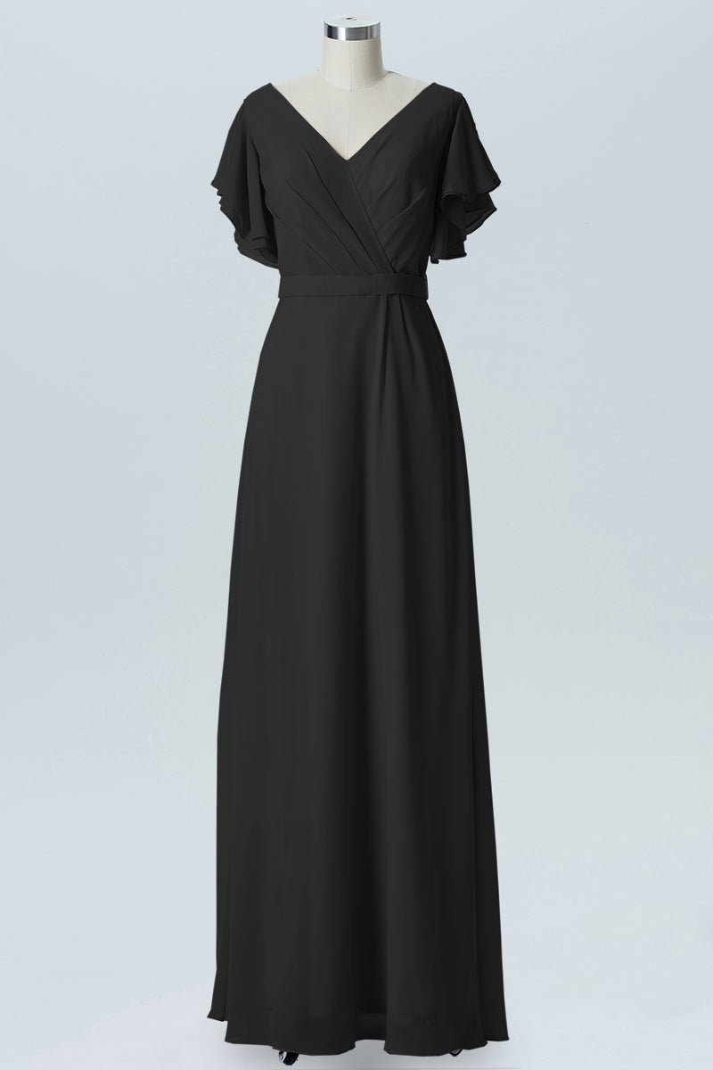 Chiffon Column V-Neck Sheer Sleeves Bridesmaid Dress-B07919