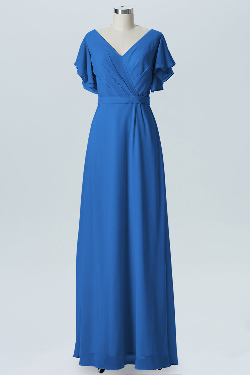 Chiffon Column V-Neck Sheer Sleeves Bridesmaid Dress-B07919