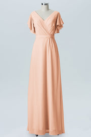 Chiffon Column V-Neck Sheer Sleeves Bridesmaid Dress-B07919