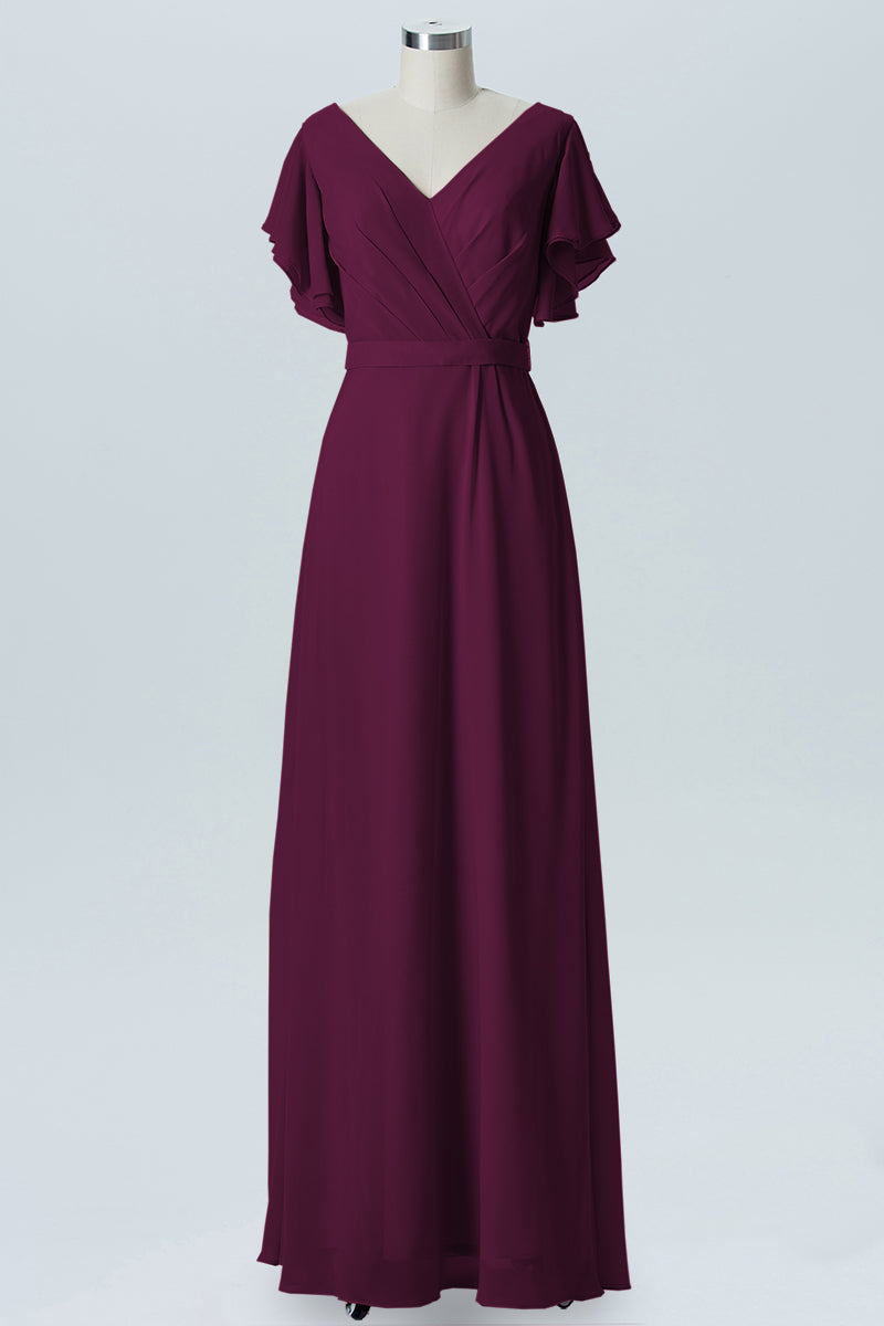 Chiffon Column V-Neck Sheer Sleeves Bridesmaid Dress-B07919