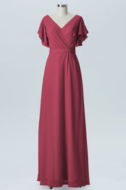 Chiffon Column V-Neck Sheer Sleeves Bridesmaid Dress-B07919