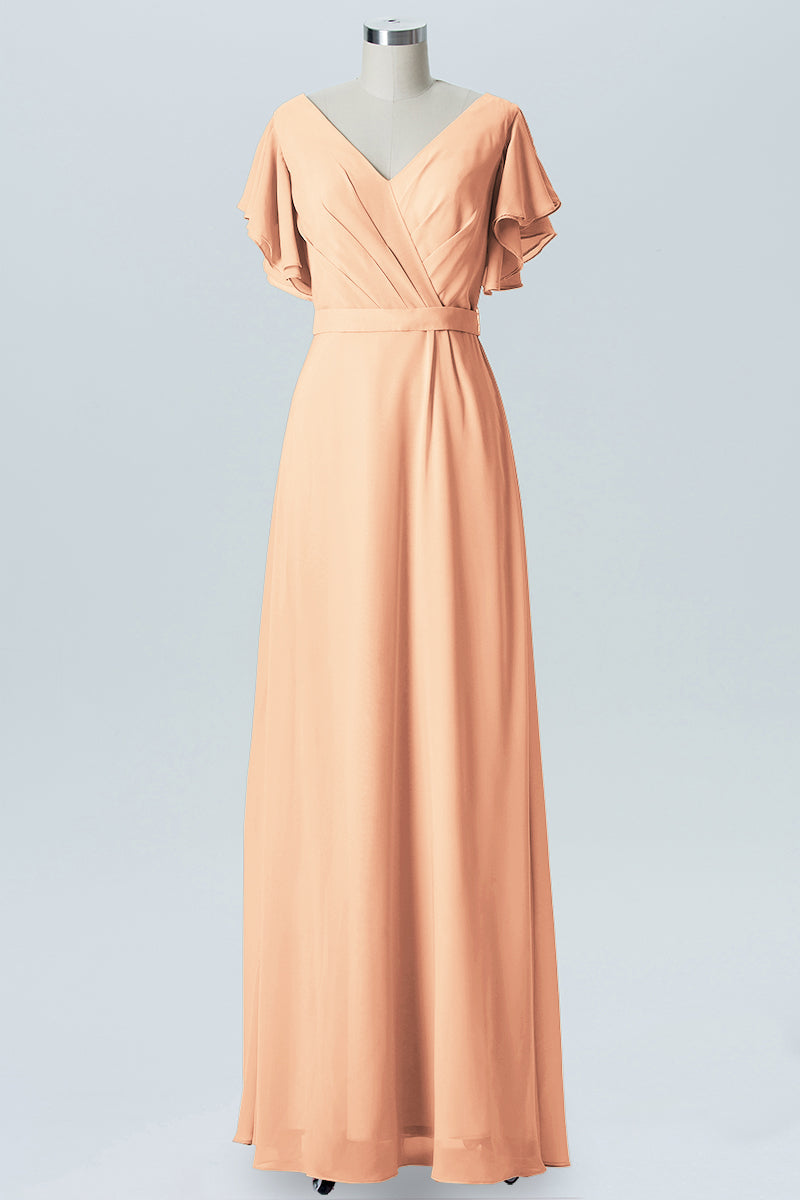 Chiffon Column V-Neck Sheer Sleeves Bridesmaid Dress-B07919
