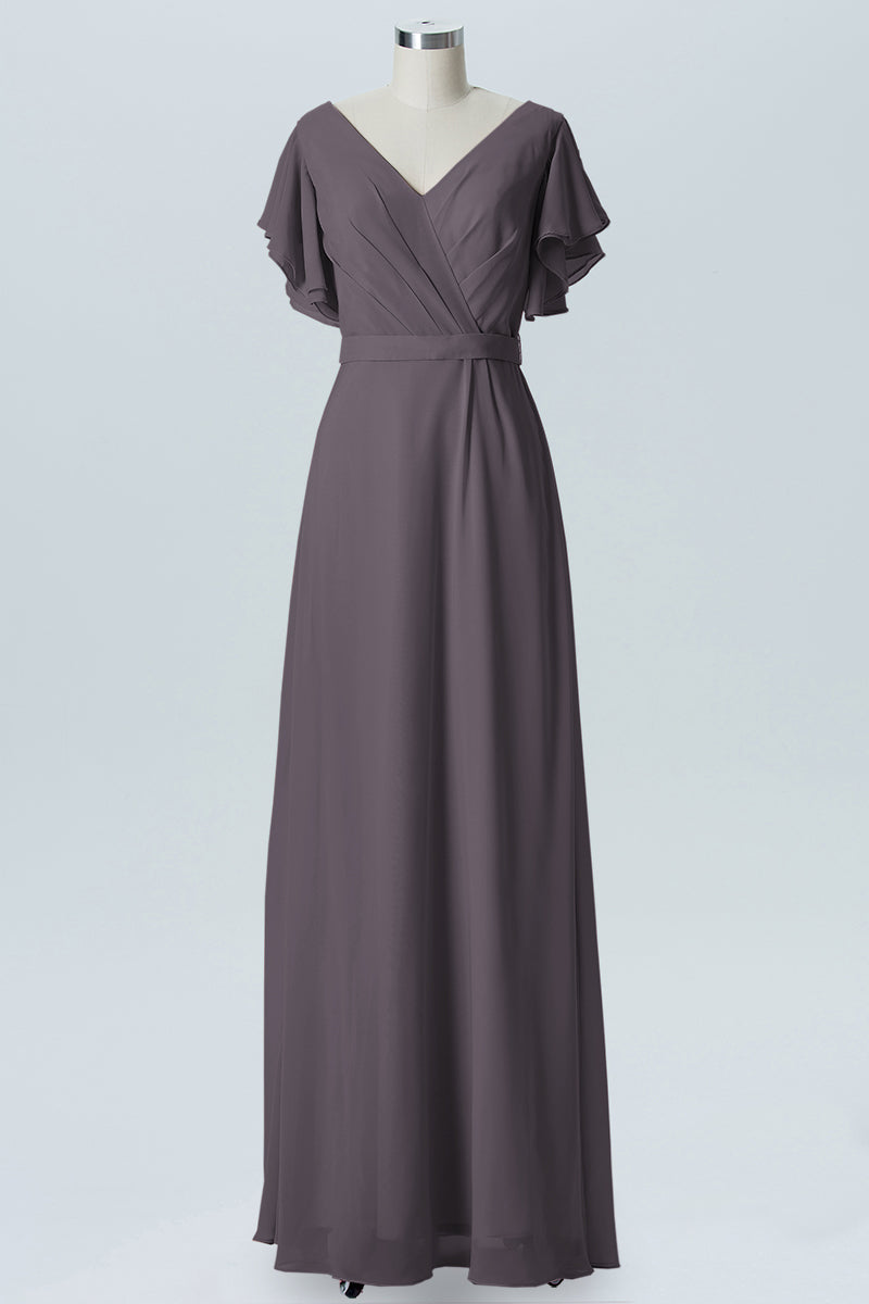 Chiffon Column V-Neck Sheer Sleeves Bridesmaid Dress-B07919