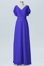 Chiffon Column V-Neck Sheer Sleeves Bridesmaid Dress-B07919