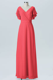 Chiffon Column V-Neck Sheer Sleeves Bridesmaid Dress-B07919