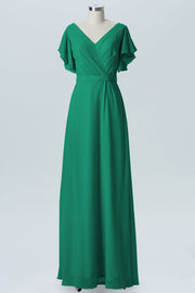 Chiffon Column V-Neck Sheer Sleeves Bridesmaid Dress-B07919