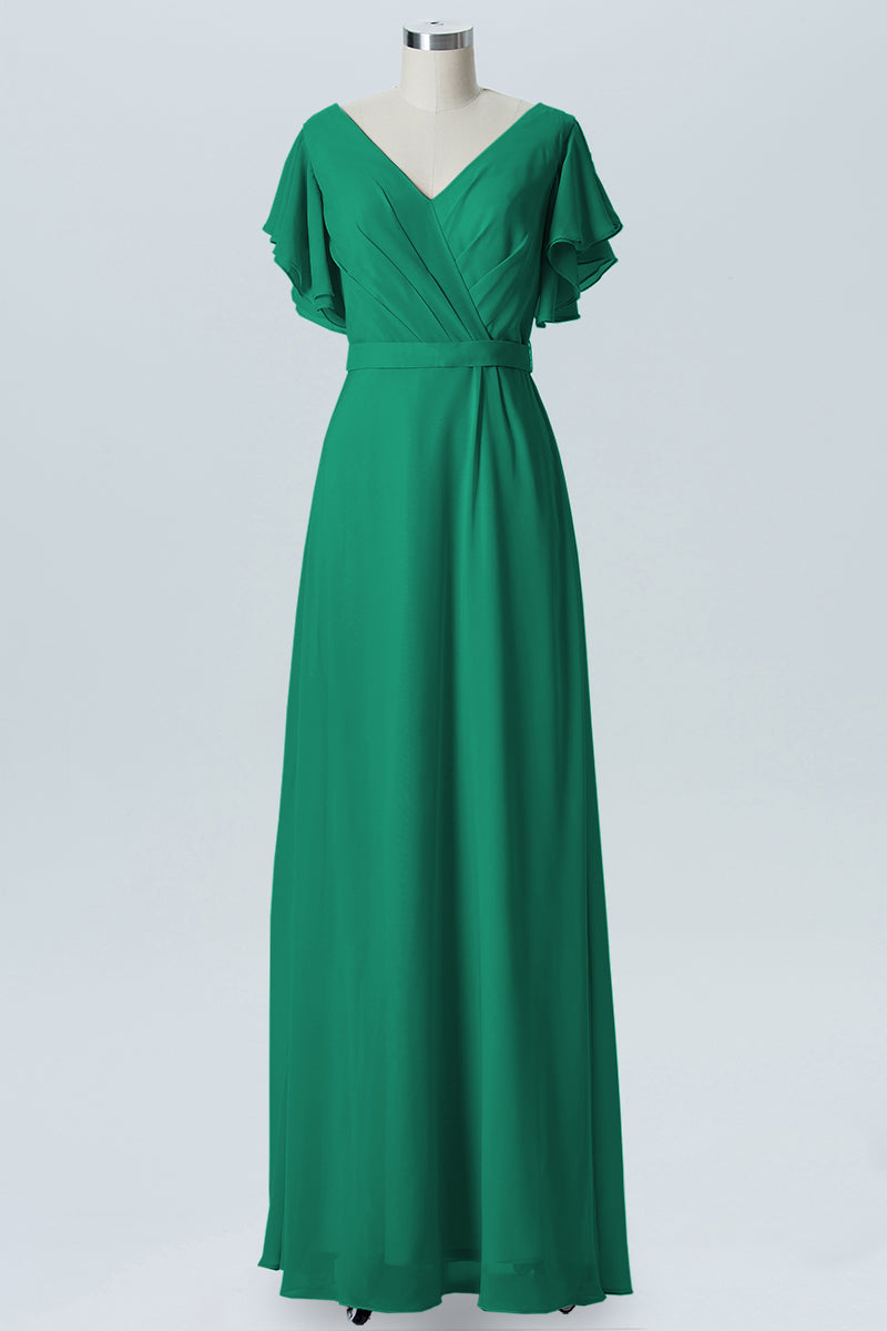 Chiffon Column V-Neck Sheer Sleeves Bridesmaid Dress-B07919