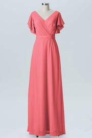 Chiffon Column V-Neck Sheer Sleeves Bridesmaid Dress-B07919