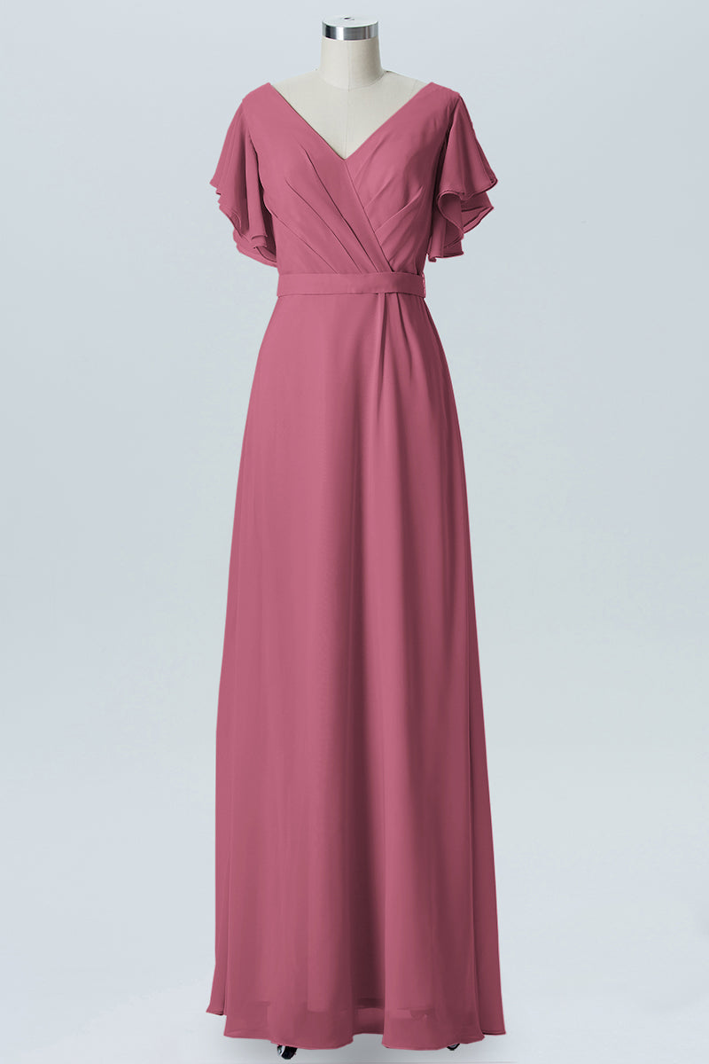 Chiffon Column V-Neck Sheer Sleeves Bridesmaid Dress-B07919