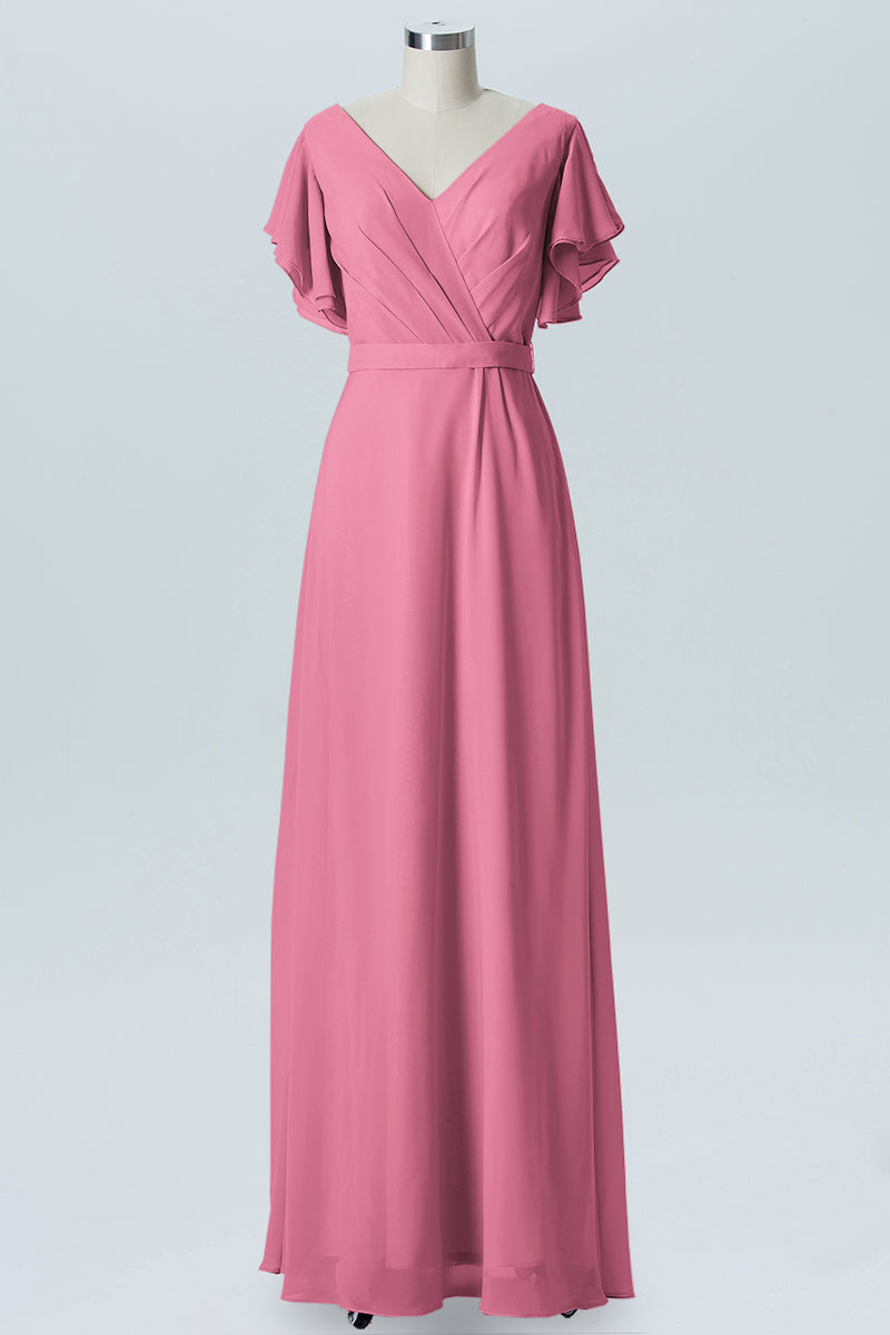 Chiffon Column V-Neck Sheer Sleeves Bridesmaid Dress-B07919