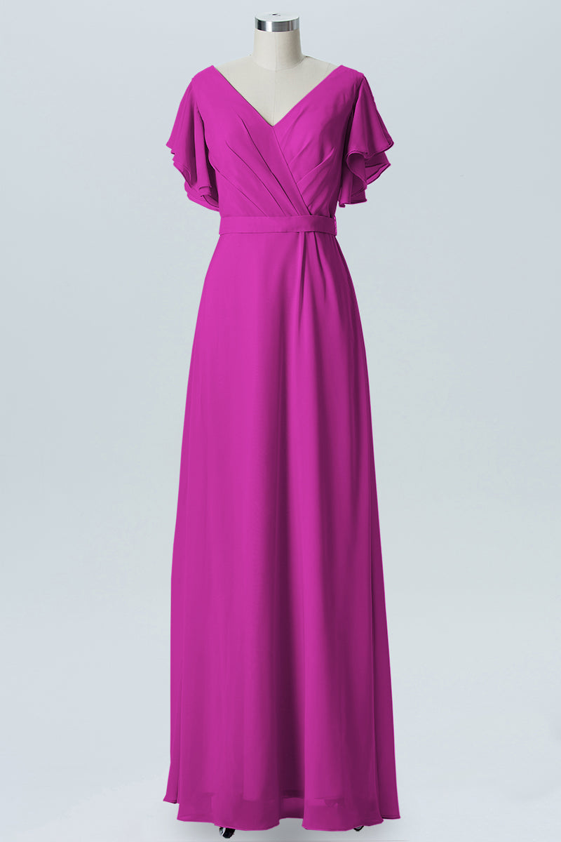 Chiffon Column V-Neck Sheer Sleeves Bridesmaid Dress-B07919