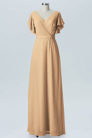 Chiffon Column V-Neck Sheer Sleeves Bridesmaid Dress-B07919