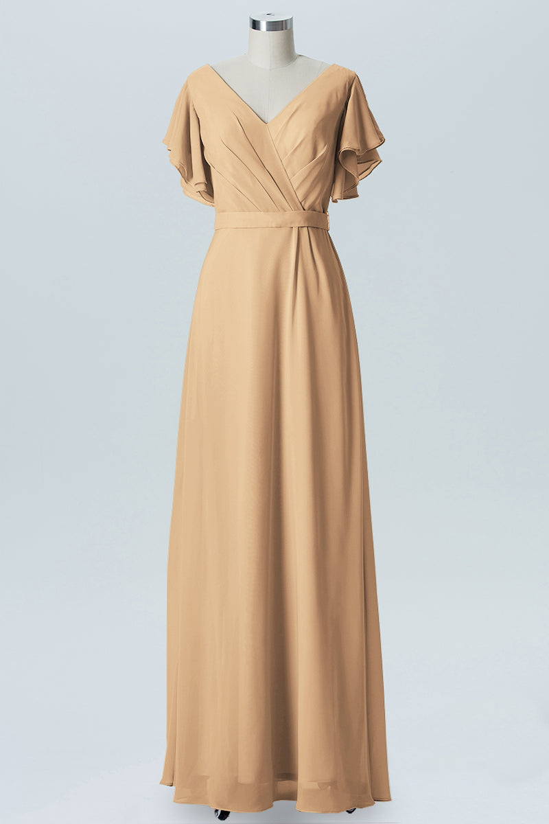 Chiffon Column V-Neck Sheer Sleeves Bridesmaid Dress-B07919