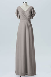 Chiffon Column V-Neck Sheer Sleeves Bridesmaid Dress-B07919