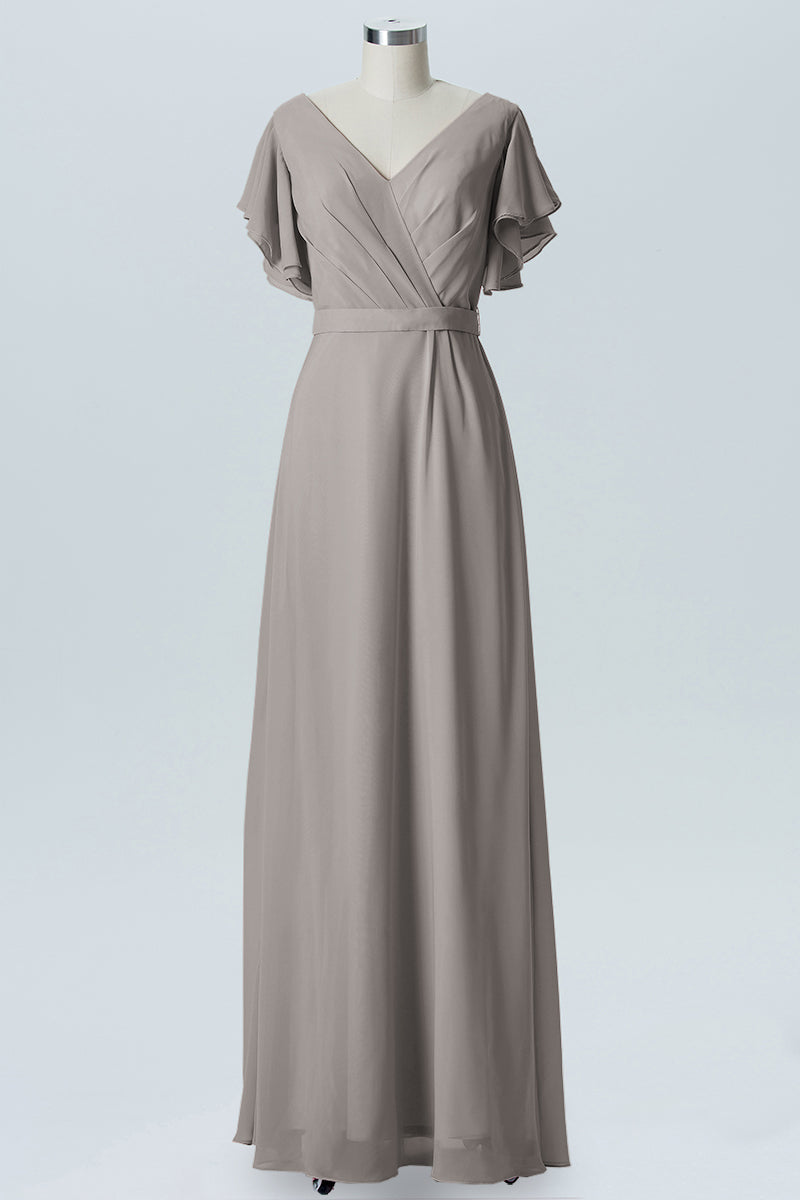 Chiffon Column V-Neck Sheer Sleeves Bridesmaid Dress-B07919