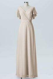 Chiffon Column V-Neck Sheer Sleeves Bridesmaid Dress-B07919