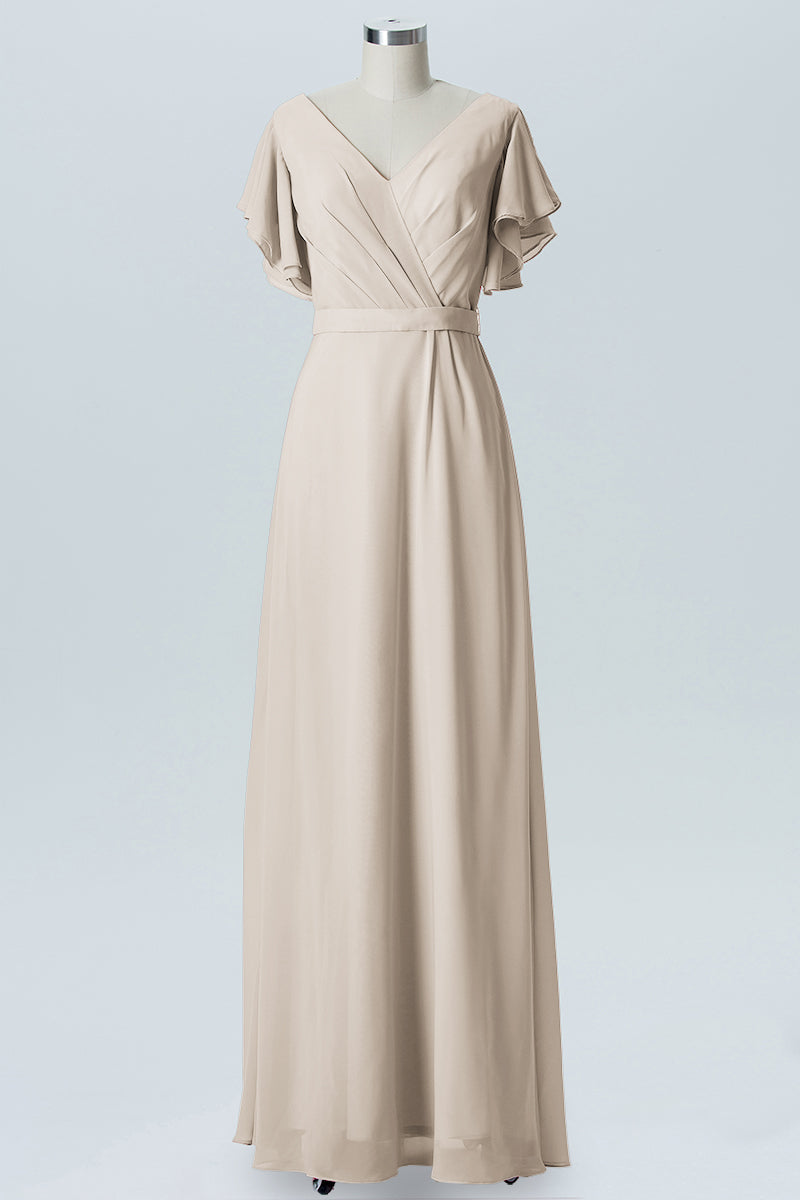Chiffon Column V-Neck Sheer Sleeves Bridesmaid Dress-B07919