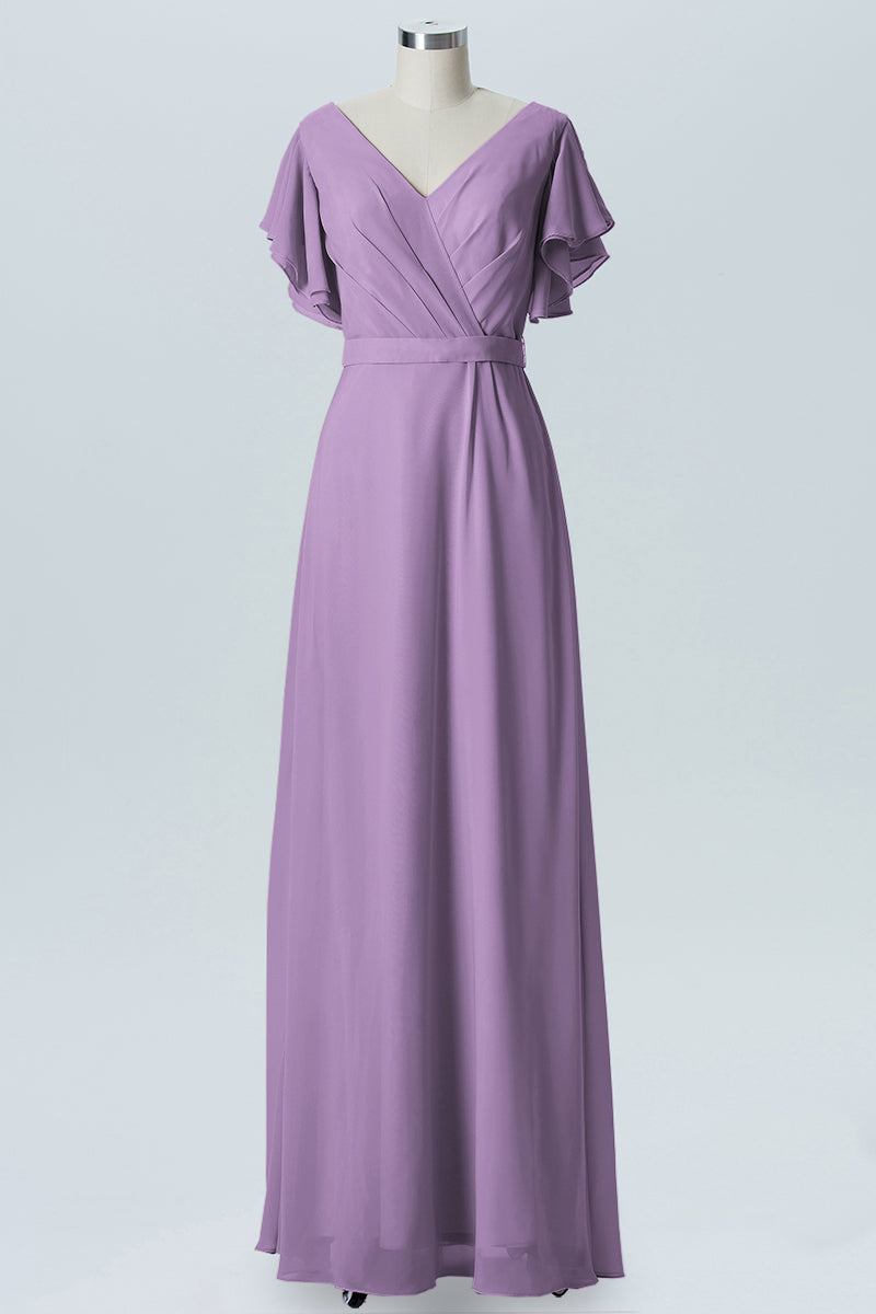Chiffon Column V-Neck Sheer Sleeves Bridesmaid Dress-B07919