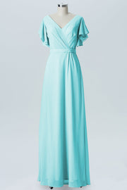 Chiffon Column V-Neck Sheer Sleeves Bridesmaid Dress-B07919