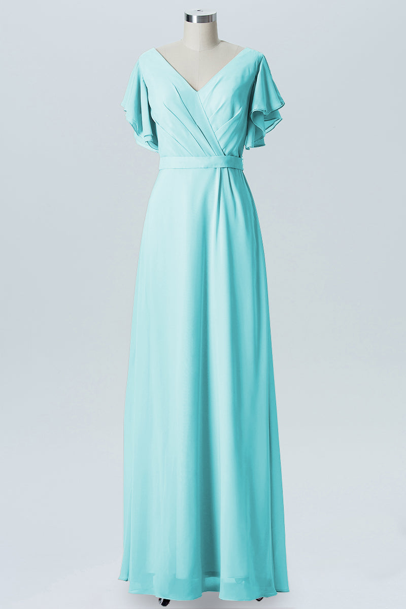 Chiffon Column V-Neck Sheer Sleeves Bridesmaid Dress-B07919
